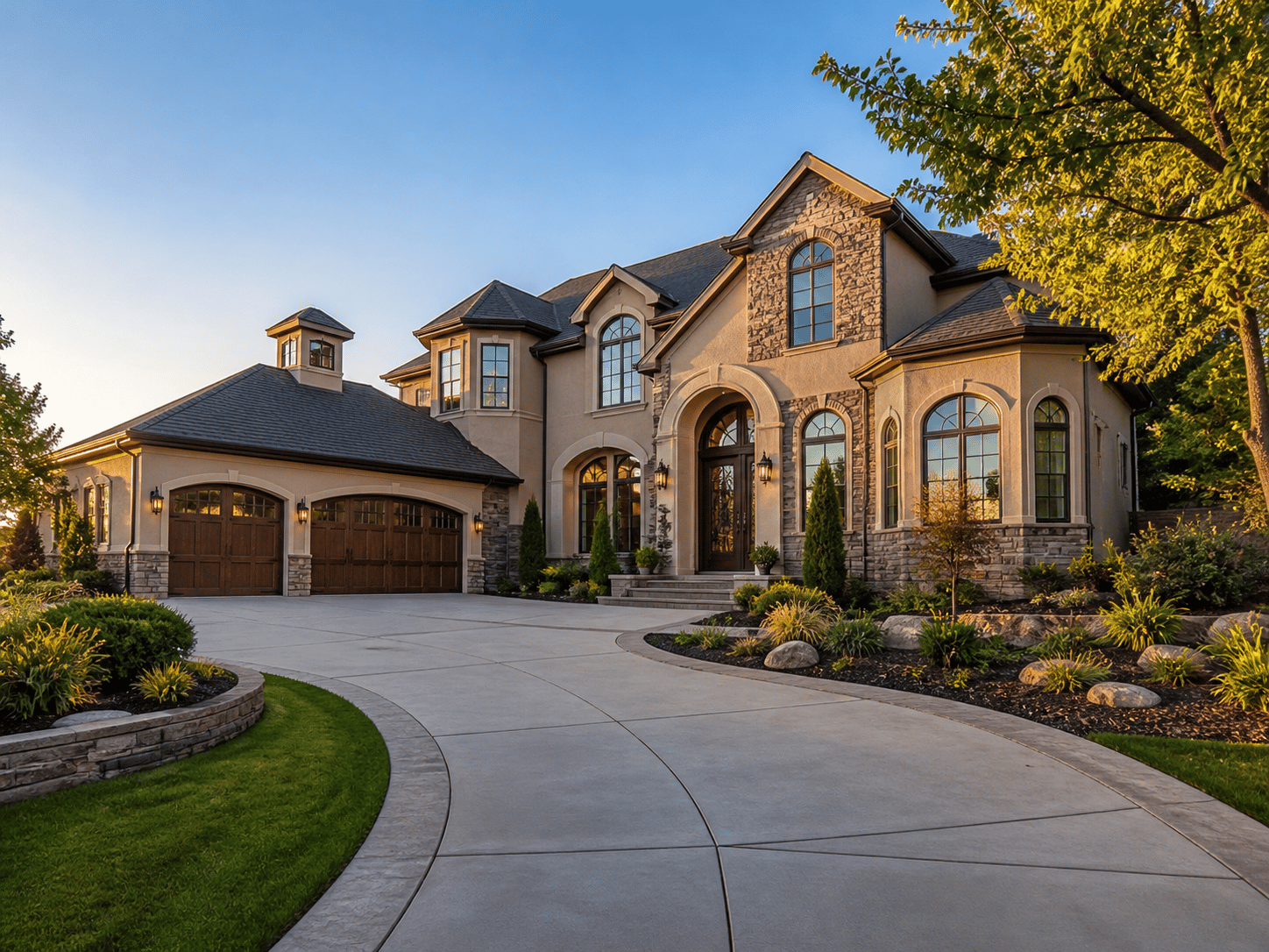 Luxurious Mansion at Golden Hour exterior front view